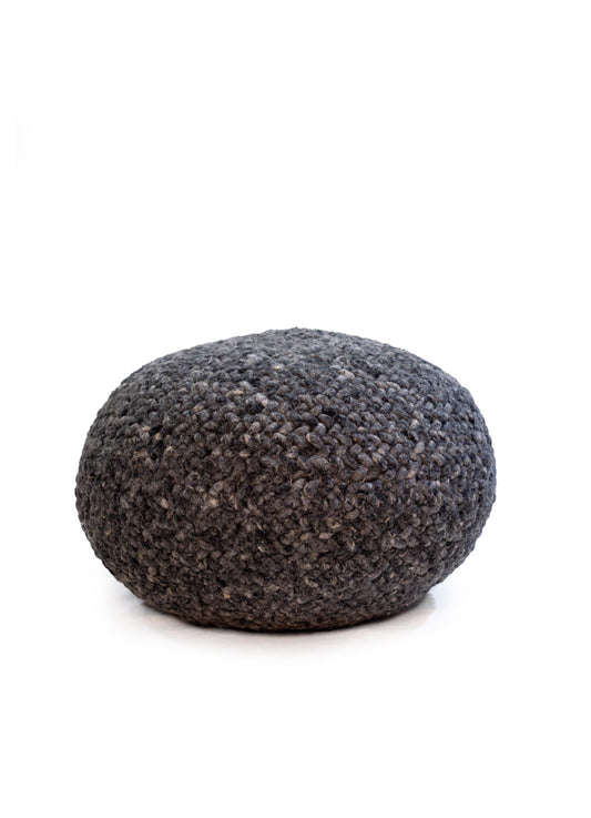 Handwoven Dark Grey Round Wool Pouf