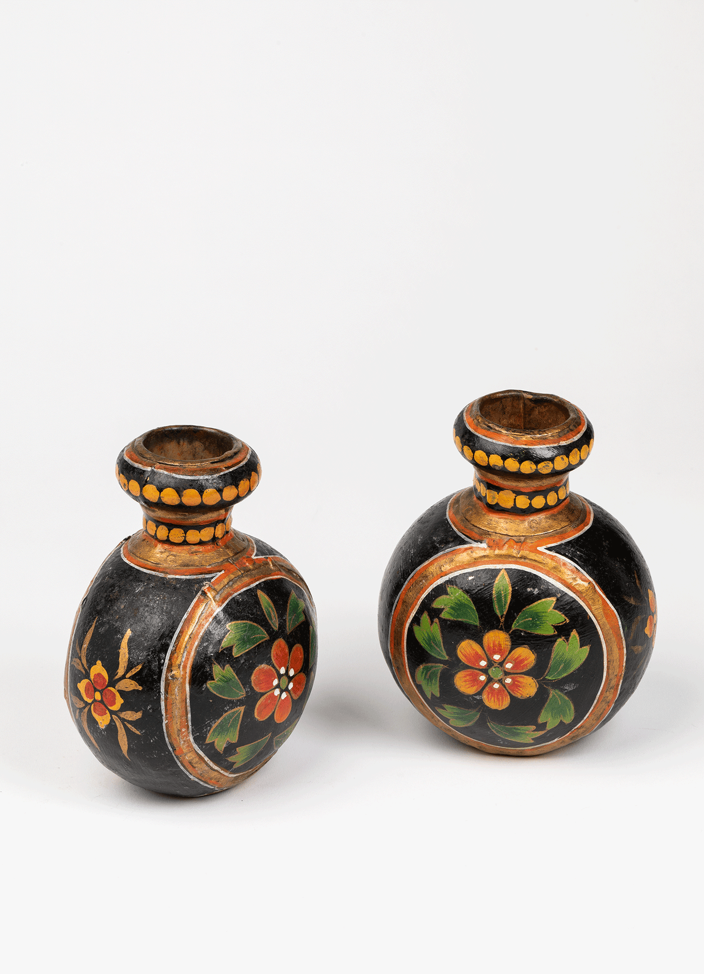 Set of 2 1960s Vintage Indian Hand Painted Metal Vases