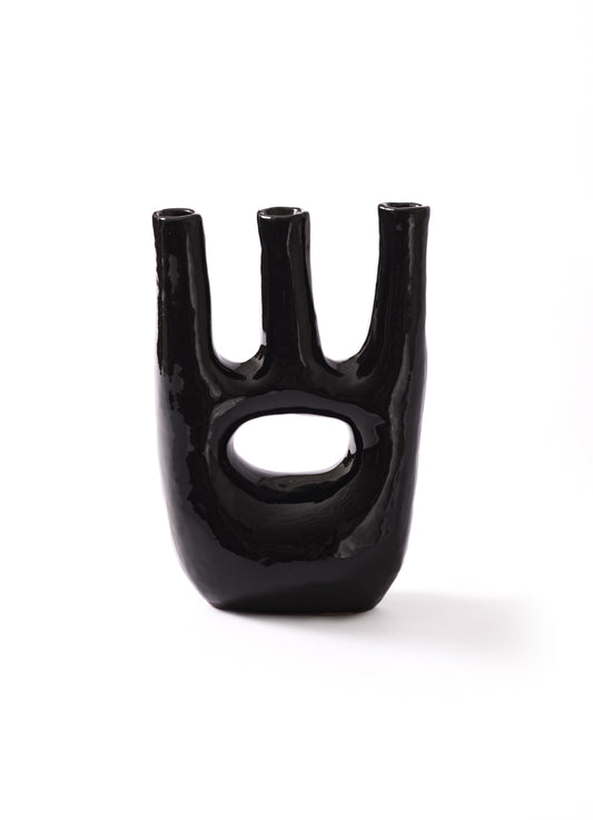 Triple Black Ceramic Candle Holder Vase
