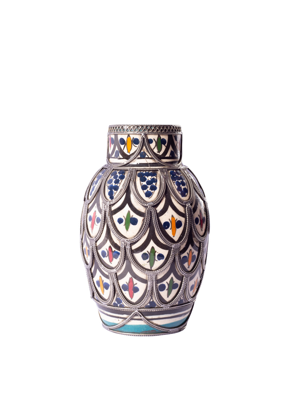 Vintage Moroccan Ceramic Vase with Silver Filigree