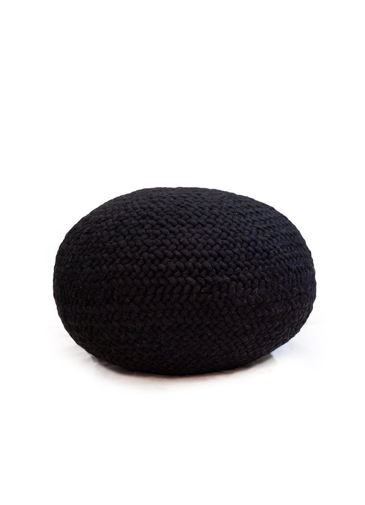Handwoven Black Round Wool Pouf