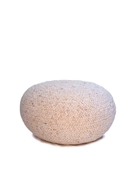 Handwoven Cream Round Wool Pouf