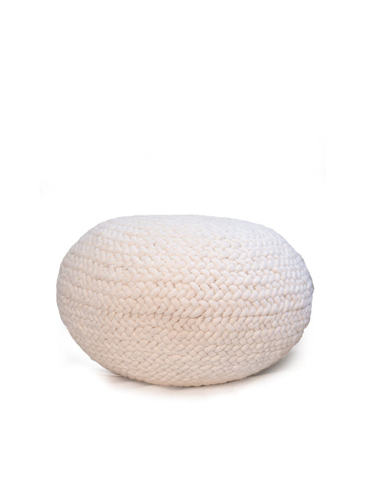 Handwoven White Round Wool Poof