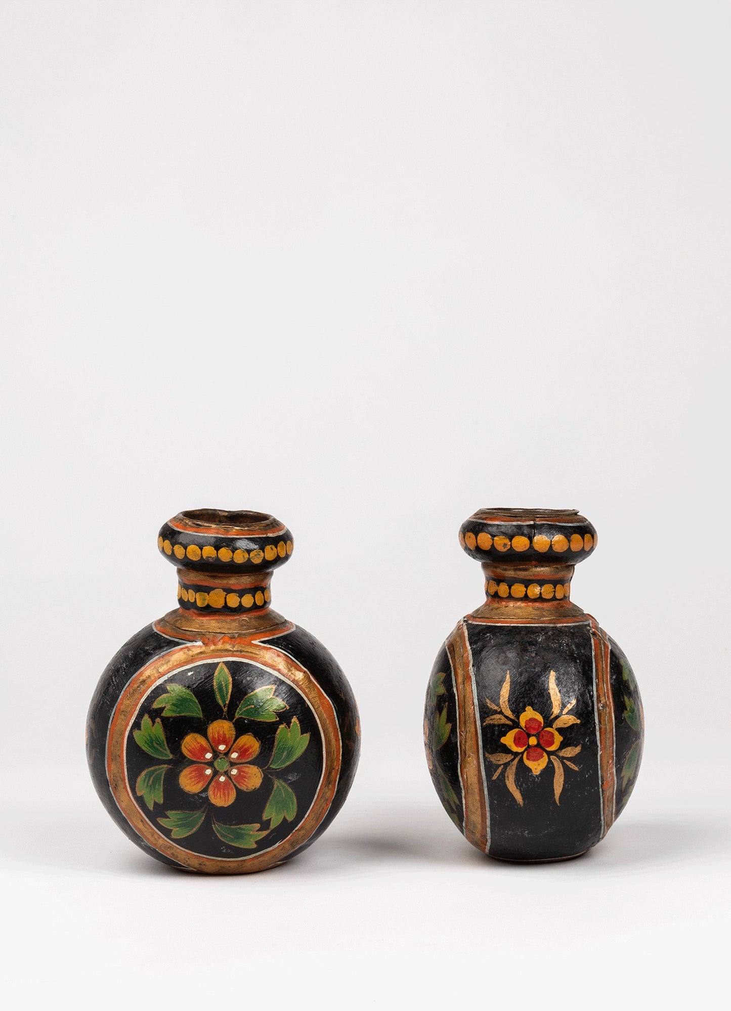 Set of 2 1960s Vintage Indian Hand Painted Metal Vases